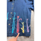 Life Style Plus Denim Cat Shirt Womens Embroidered Applique Whimsical Novelty