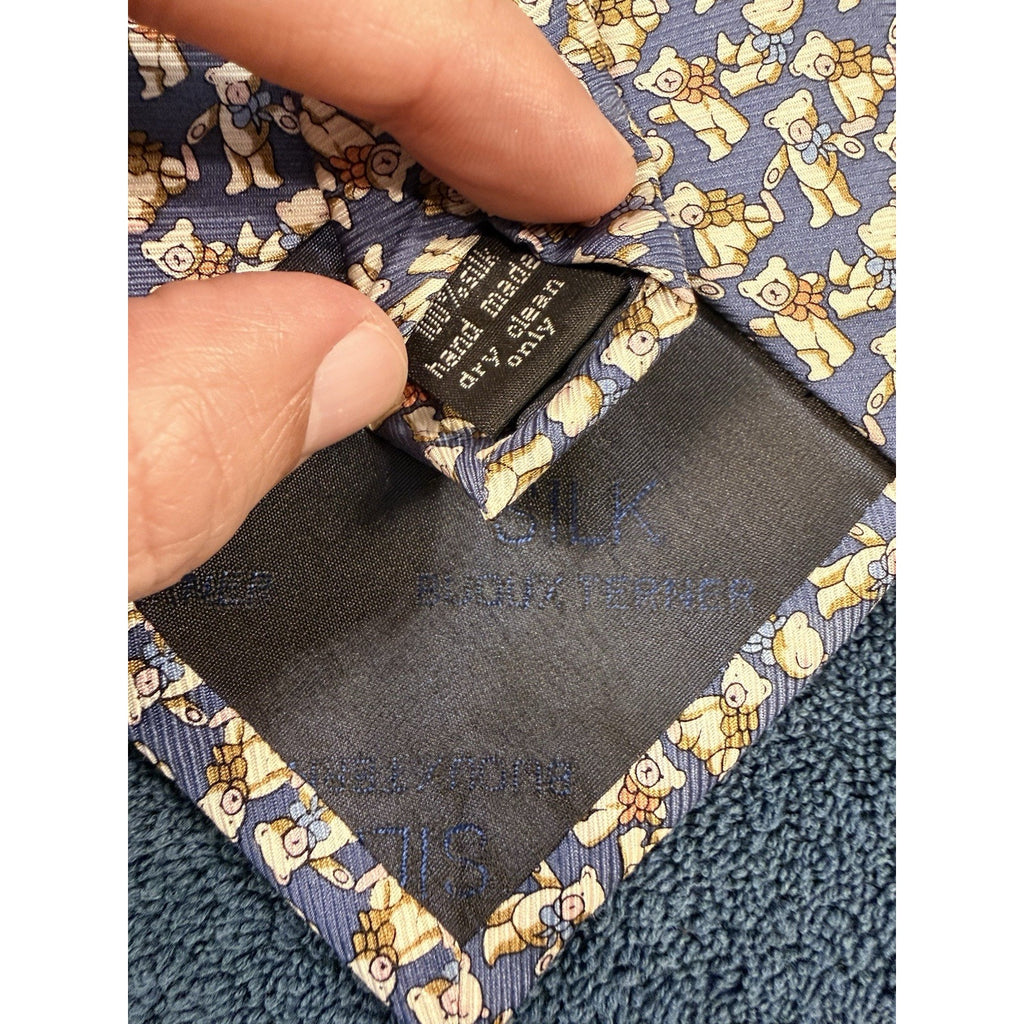 Bijoux Terner Teddy Bear Novelty Tie Genuine Silk Blue Cute Vintage Necktie