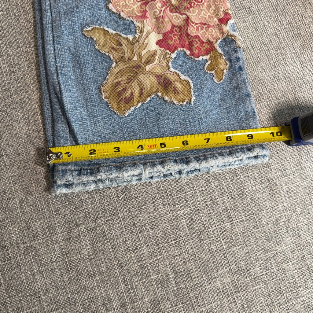 Z Cavaricci Jeans Womens 31/32 Light Wash Floral Applique Y2K Boho Flare Raw Hem