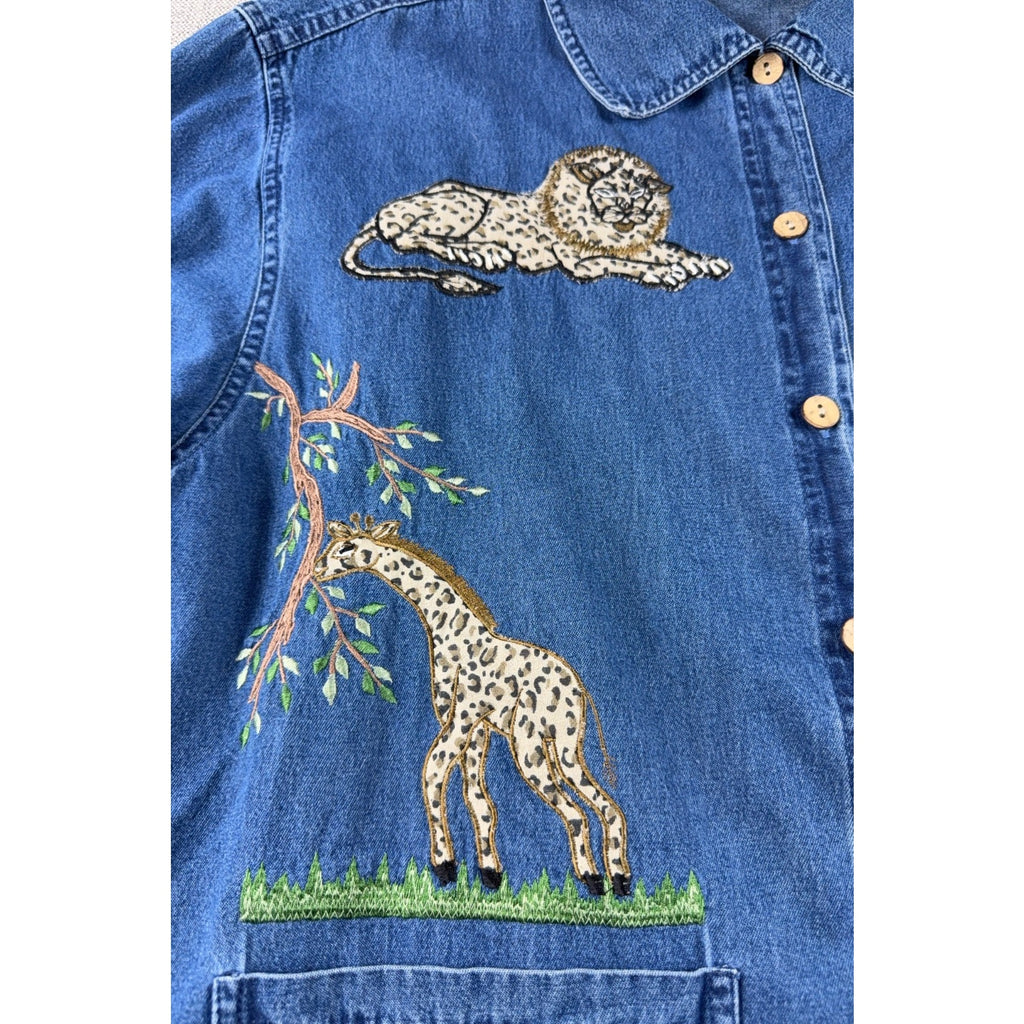 Tantrums Womens 1X Denim Shirt Jacket Safari Giraffe Leopard Embroidered Blue