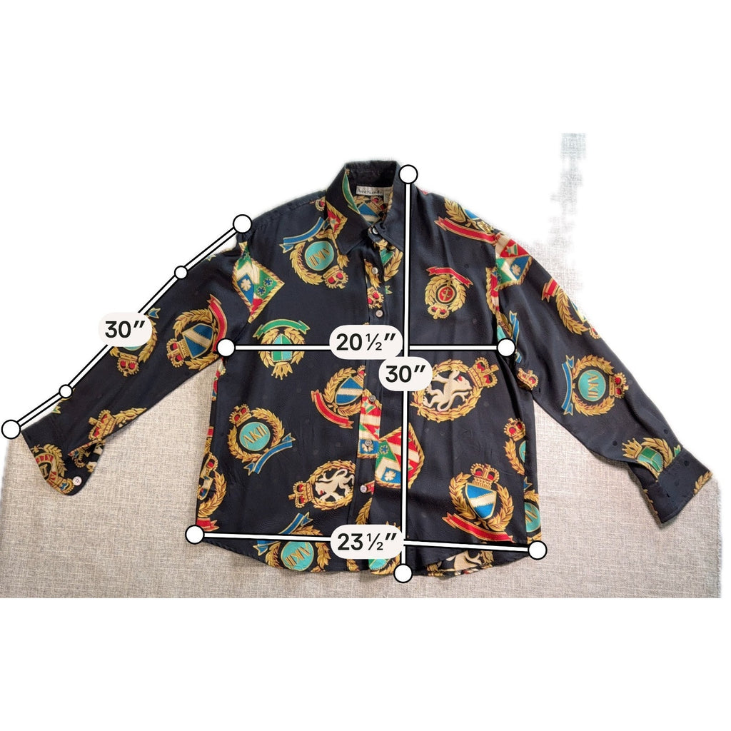 Vintage Anne Klein II Silk Blouse Womens 10 Black Baroque Crest Print 100% Silk