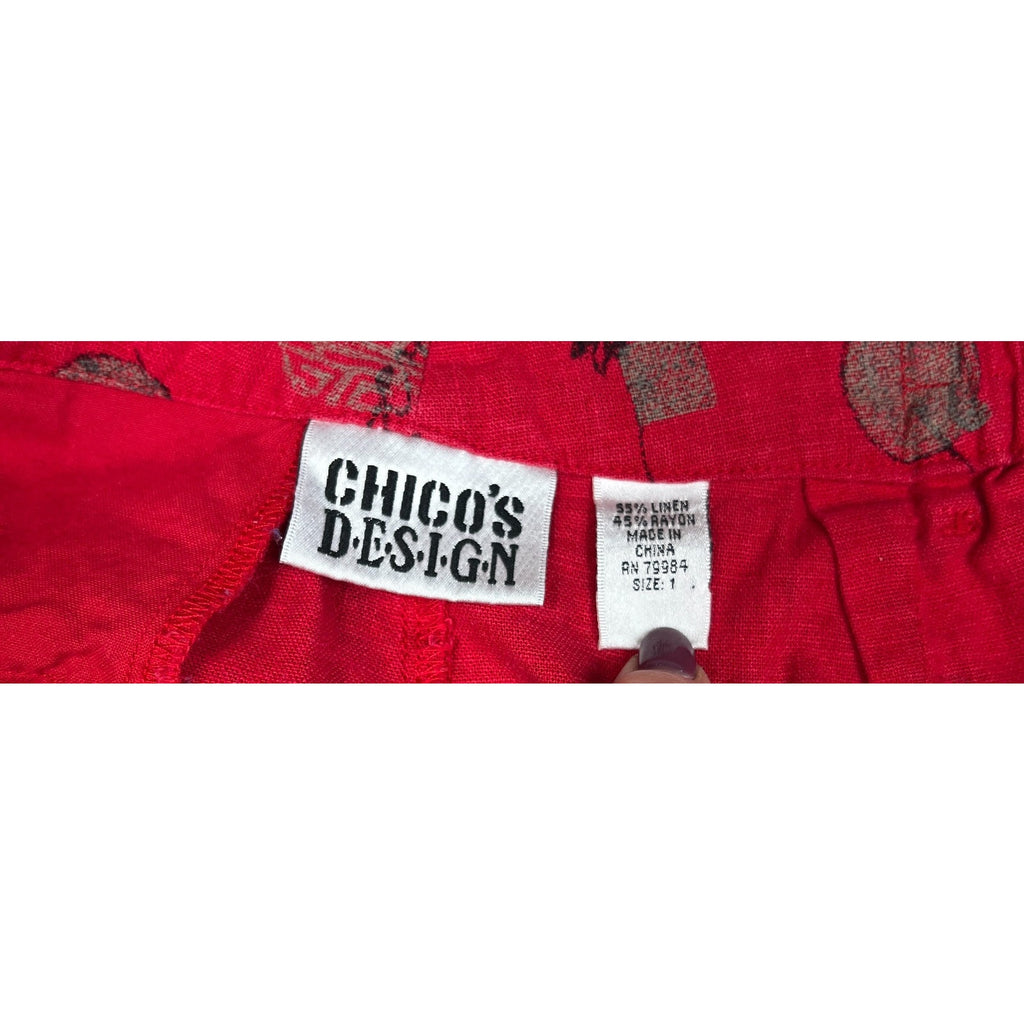Chico's Design Linen Blend Pants Womens 1 M Red Asian Print Cropped Ankle