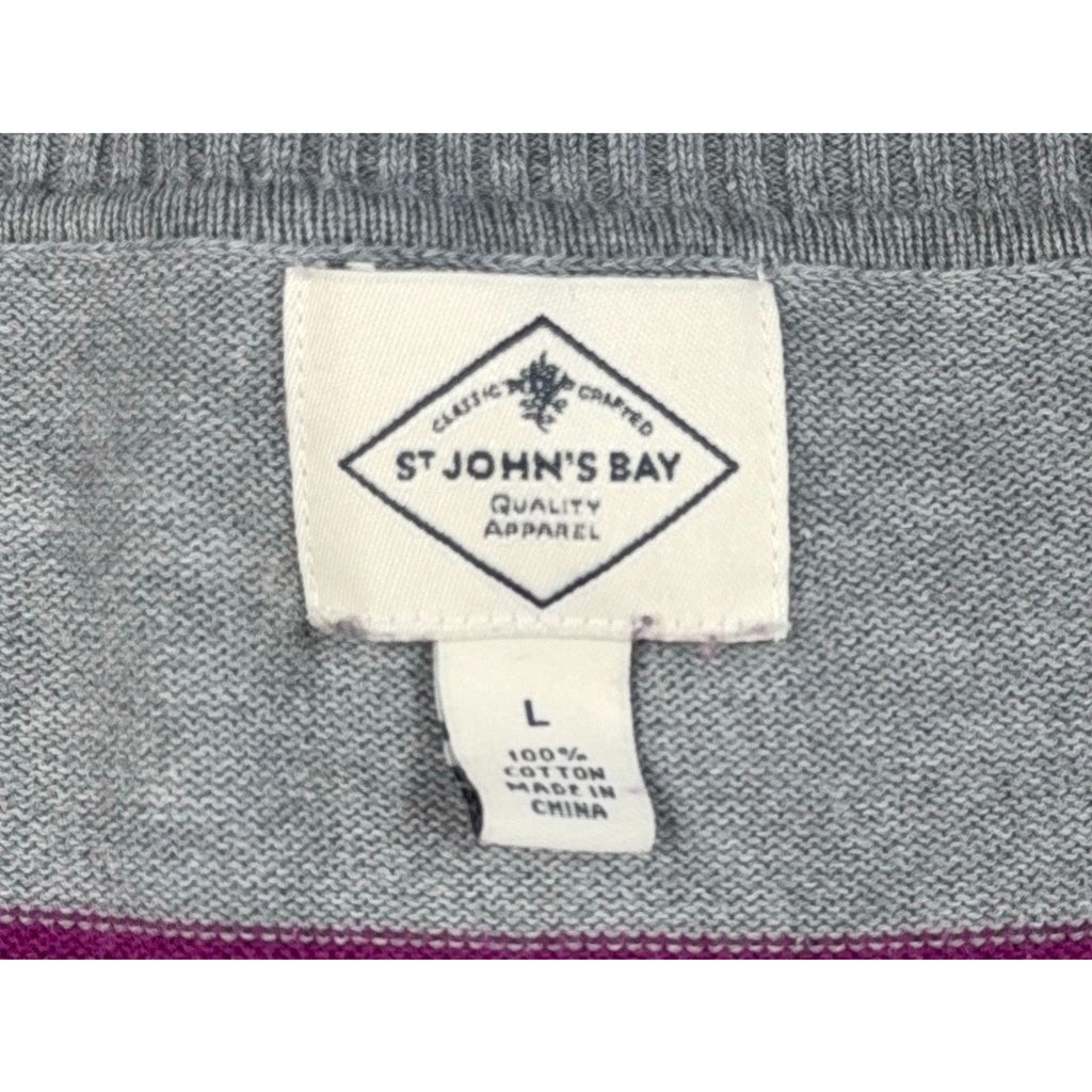 St Johns Bay Sweater Womens Large Gray Purple Striped V Neck 100% Cotton