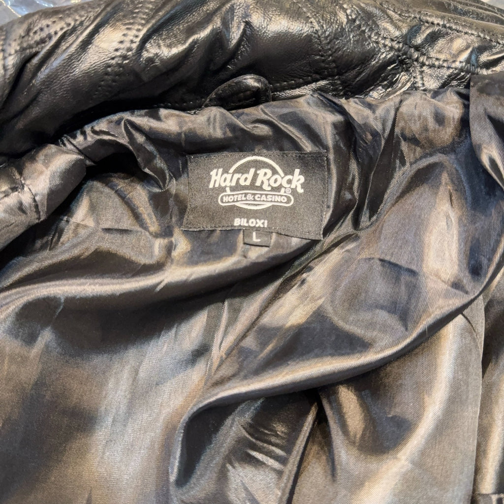 Hard Rock Biloxi Leather Jacket Large NWOT Casino Patchwork Black Bomber