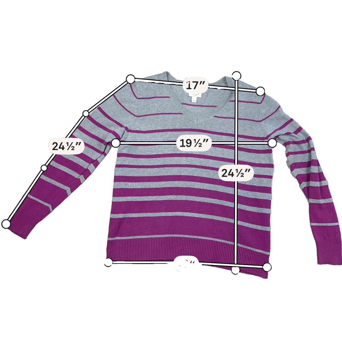 St Johns Bay Sweater Womens Large Gray Purple Striped V Neck 100% Cotton
