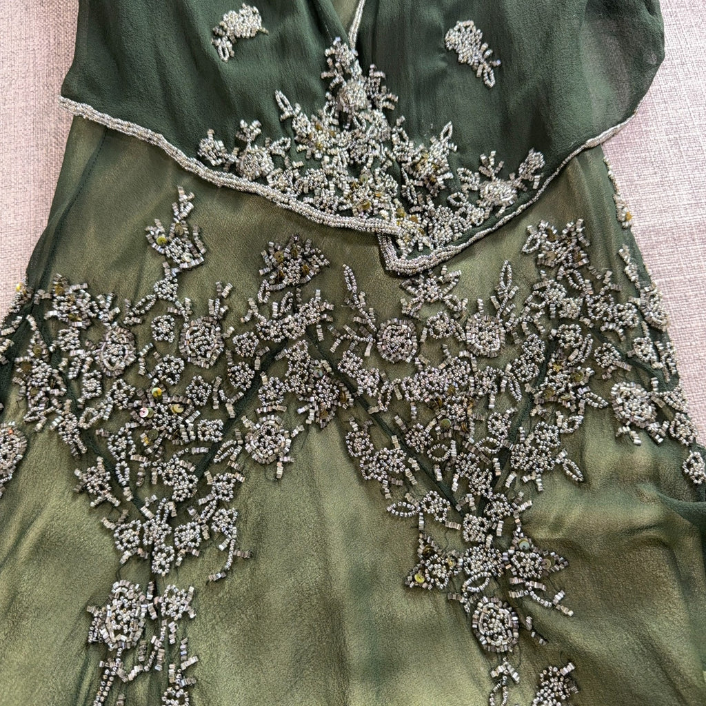 Scala 100% Silk Beaded Dress Jacket Set Womens L Green Formal Evening