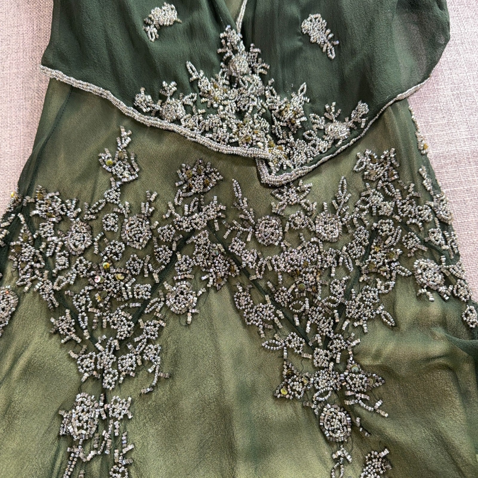 Scala 100% Silk Beaded Dress Jacket Set Womens L Green Formal Evening