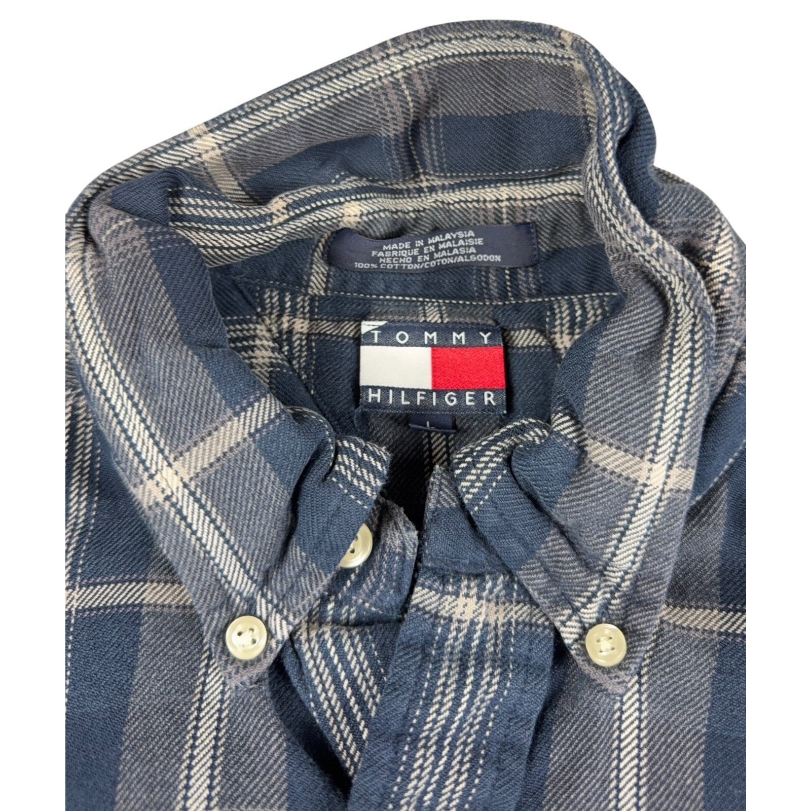 Vintage Tommy Hilfiger Plaid Button Down Shirt Mens L Blue Gray 90s Y2K Flag