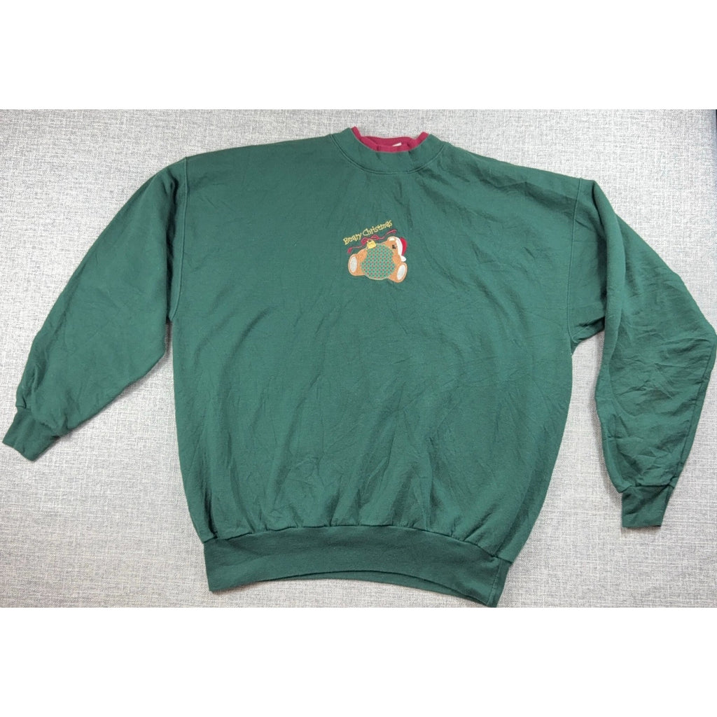 Beary Christmas Teddy Bear Sweatshirt Adult XL Green Embroidered Applique Hanes