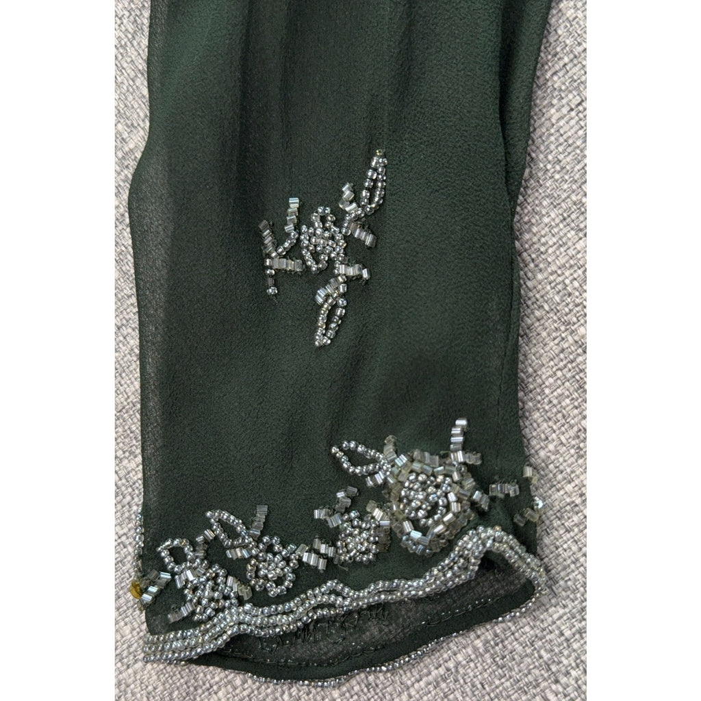 Scala 100% Silk Beaded Dress Jacket Set Womens L Green Formal Evening
