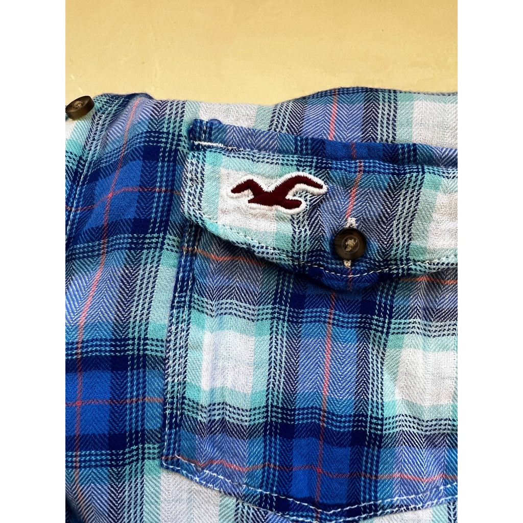 Hollister Womens Large Blue Plaid Flannel Shirt Button Front Pocket Logo Cotton
