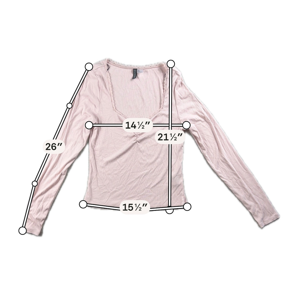 H&M Divided Womens Large Pink Ribbed Square Neck Lace Ruched Long Sleeve Top