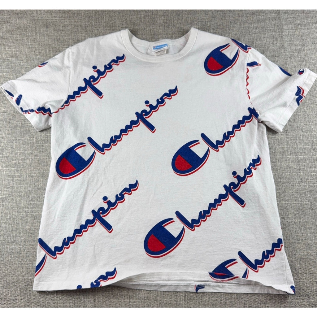 Champion All Over Logo T Shirt Mens XL White Red Blue Script Streetwear Tee