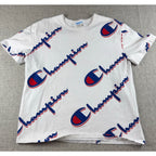 Champion All Over Logo T Shirt Mens XL White Red Blue Script Streetwear Tee