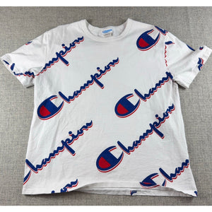 Champion All Over Logo T Shirt Mens XL White Red Blue Script Streetwear Tee