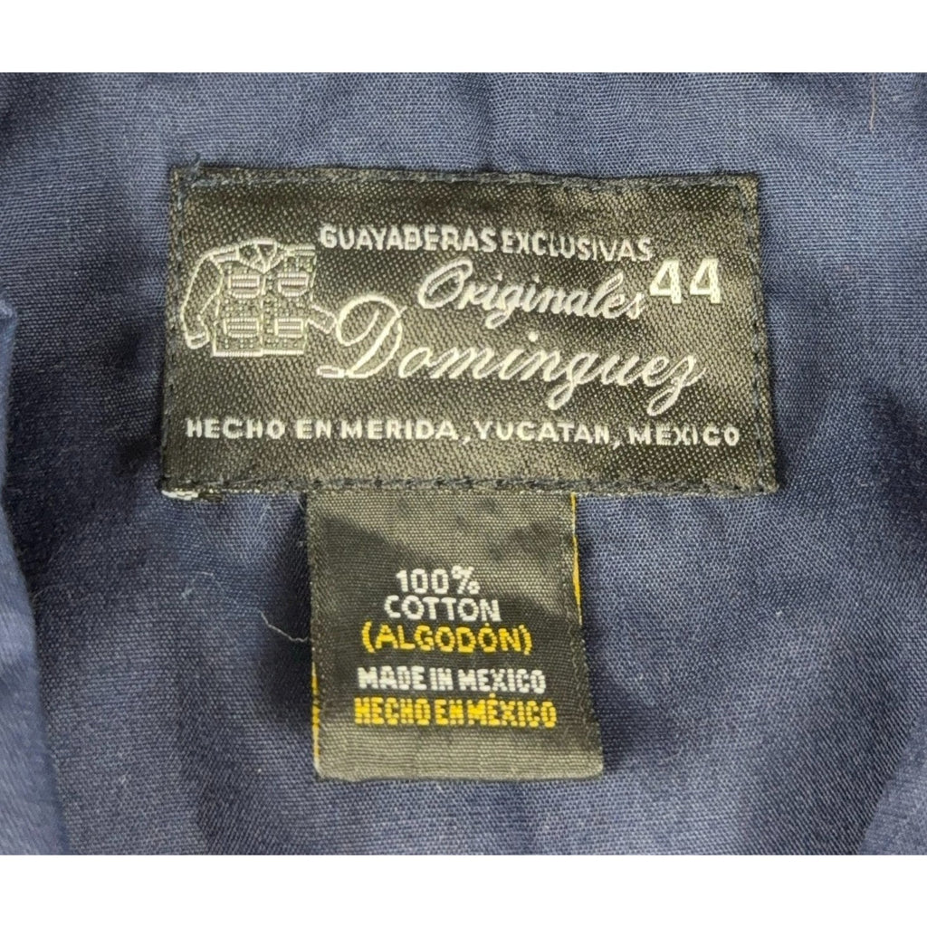 Dominguez Guayabera Shirt Mens 44 Blue 100% Cotton Made Mexico Yucatan 4 Pocket