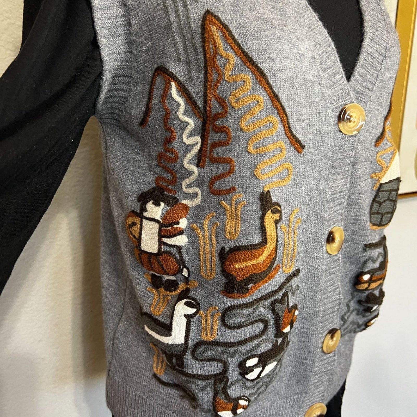 Handmade Whimsical Embroidered Sweater Vest Grey Cottagecore