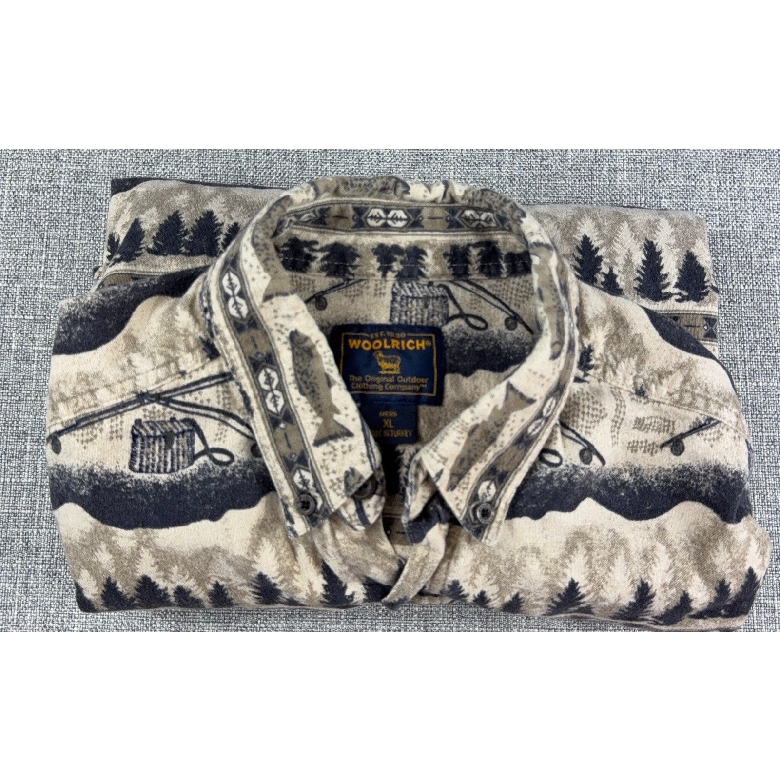 Woolrich Mens XL Fishing Shirt Fish Rods Trees Outdoor Print Button Down