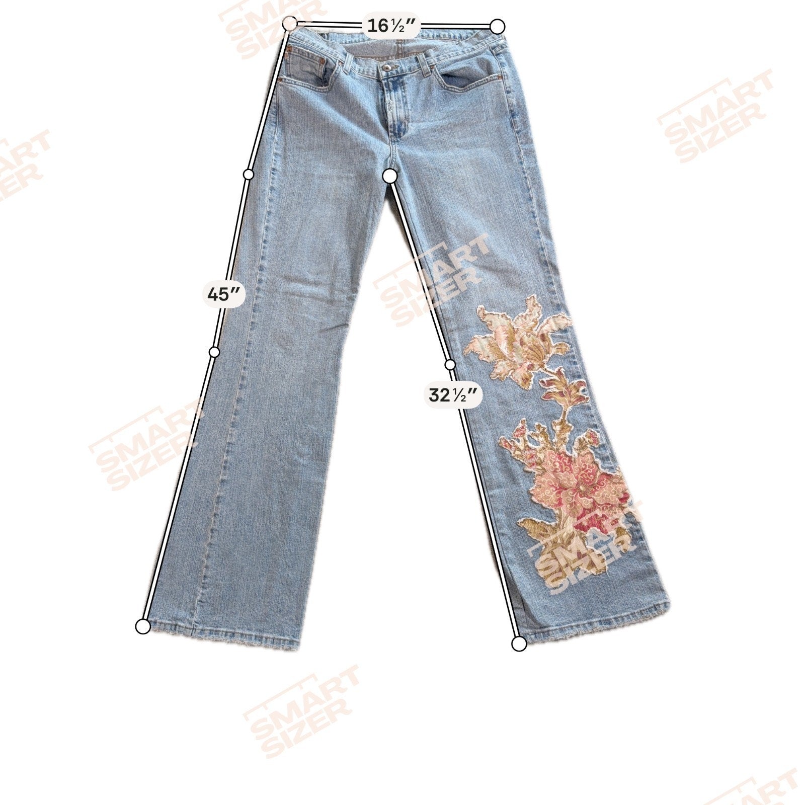 Z Cavaricci Jeans Womens 31/32 Light Wash Floral Applique Y2K Boho Flare Raw Hem