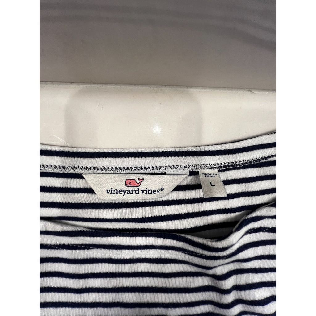 Vineyard Vines Womens Large Navy White Striped Pima Cotton Modal Boat Neck Top