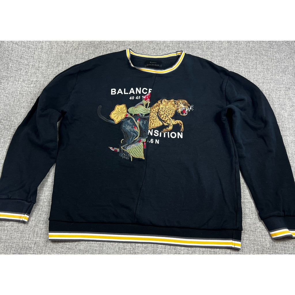 Zara Balance Tiger Elephant Embroidered Sweatshirt Womens L Black Rare