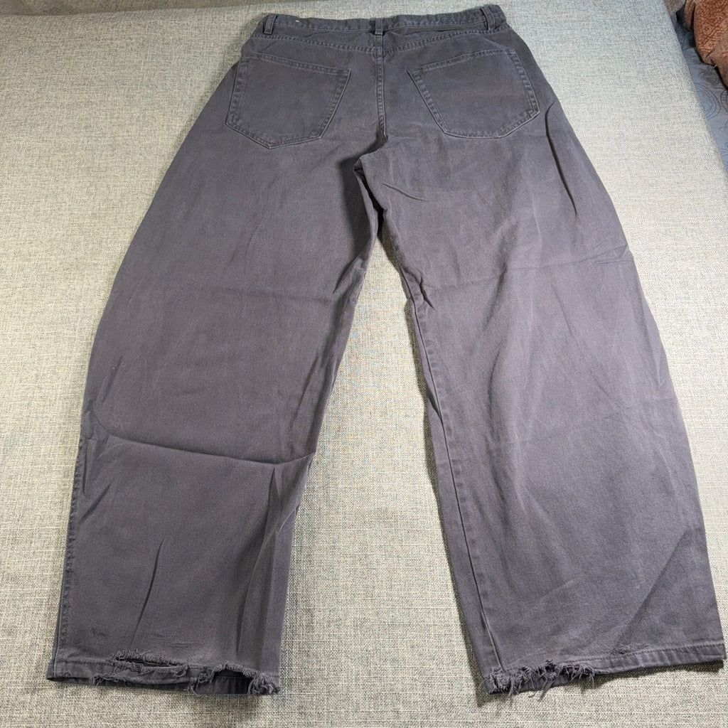 Zara Mens Gray Barrel Leg Jeans 34 Wide Tapered Distressed Frayed Hem