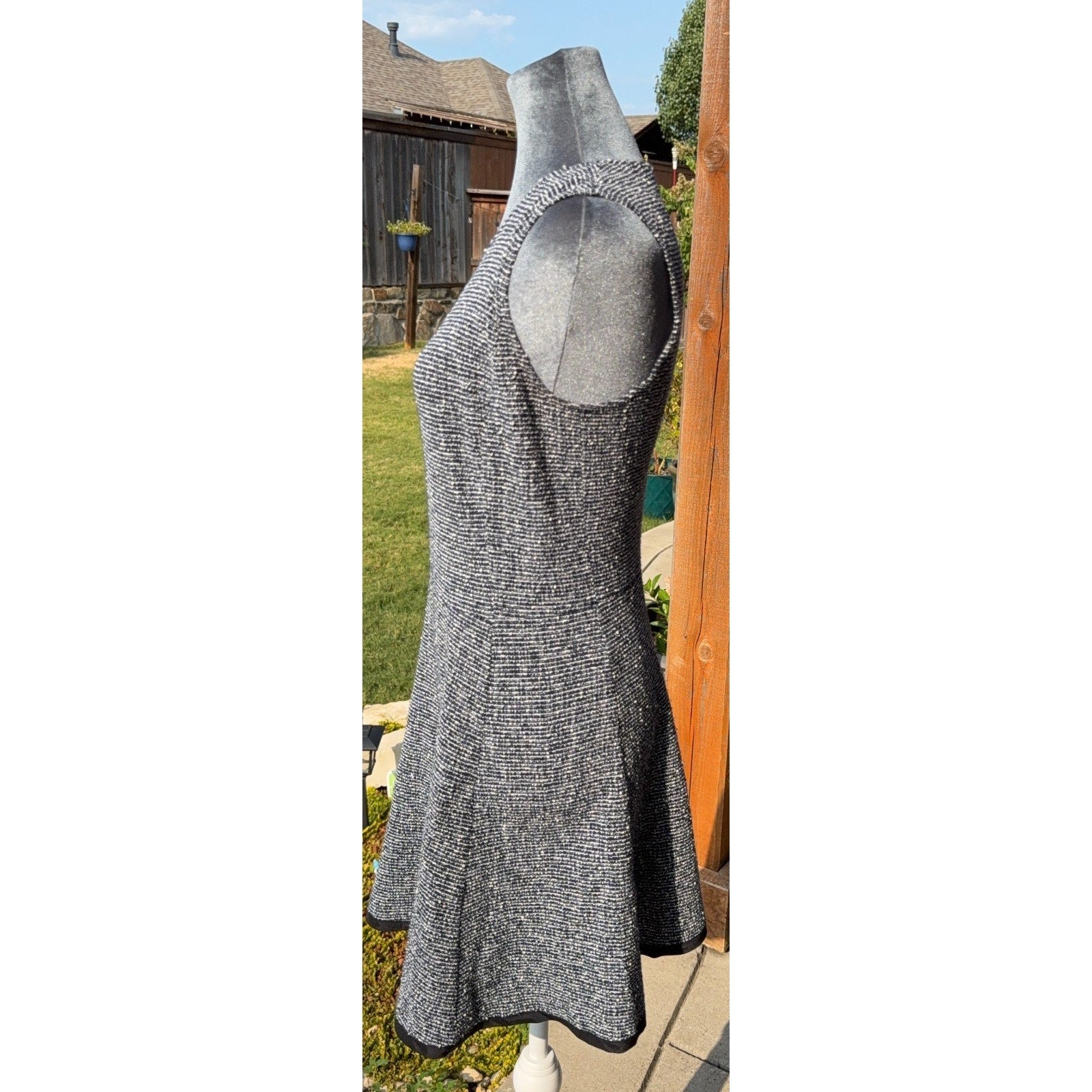 Theory Womens Size 8 Tweedscape Fit Flare Dress Black White Sleeveless Zip