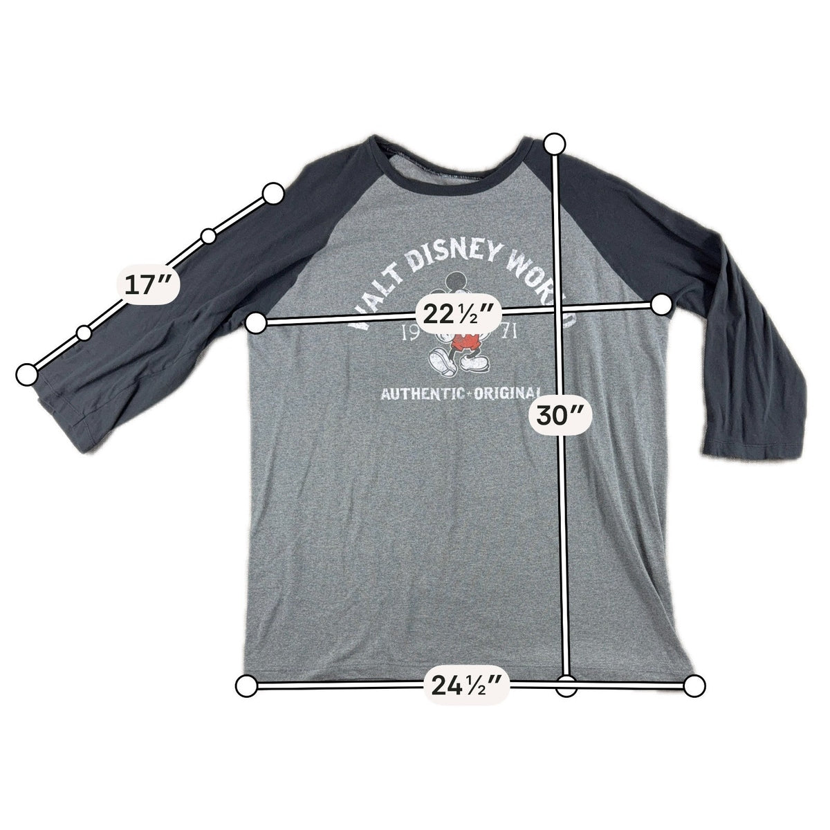 Disney Parks Walt Disney World 1971 Mickey Mouse Raglan Shirt Mens XL Gray