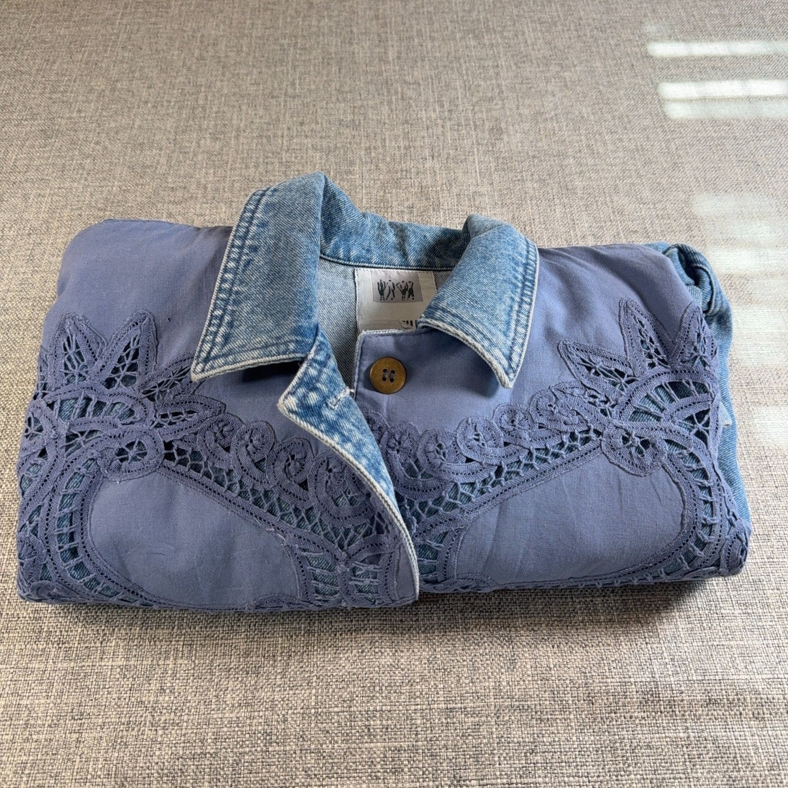 Vintage 90s Together Denim Lace Jacket Women M Batwing Acid Wash Boho Western