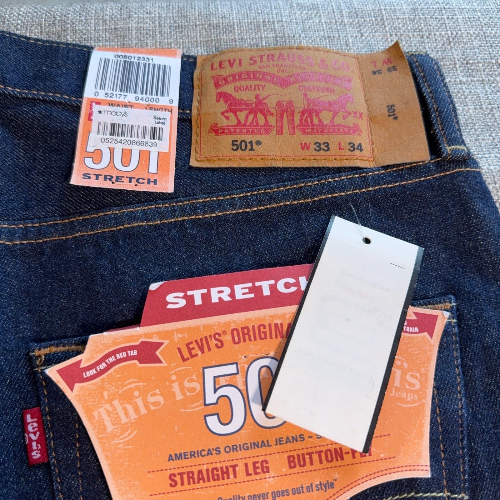 Levi’s 501 Original Fit Stretch Jeans Mens 33x34 NWT Dark Wash Button Fly Straig