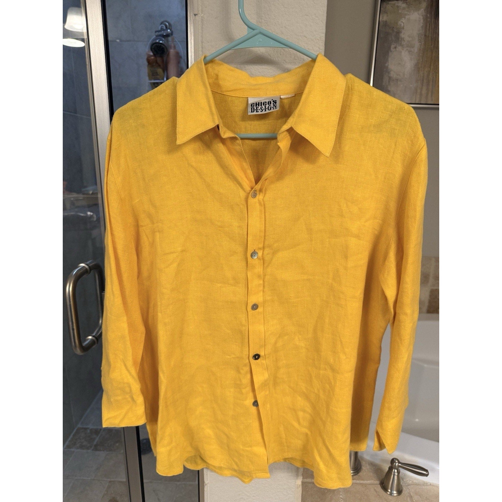 Chico’s Design Yellow Linen Shirt Women’s Size B Button Front Lightweight Top