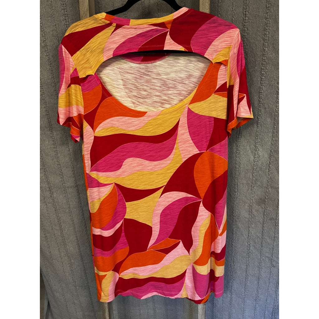Sanctuary M Bright Abstract Print Open Back Blouse Pink Orange Mod Retro Top