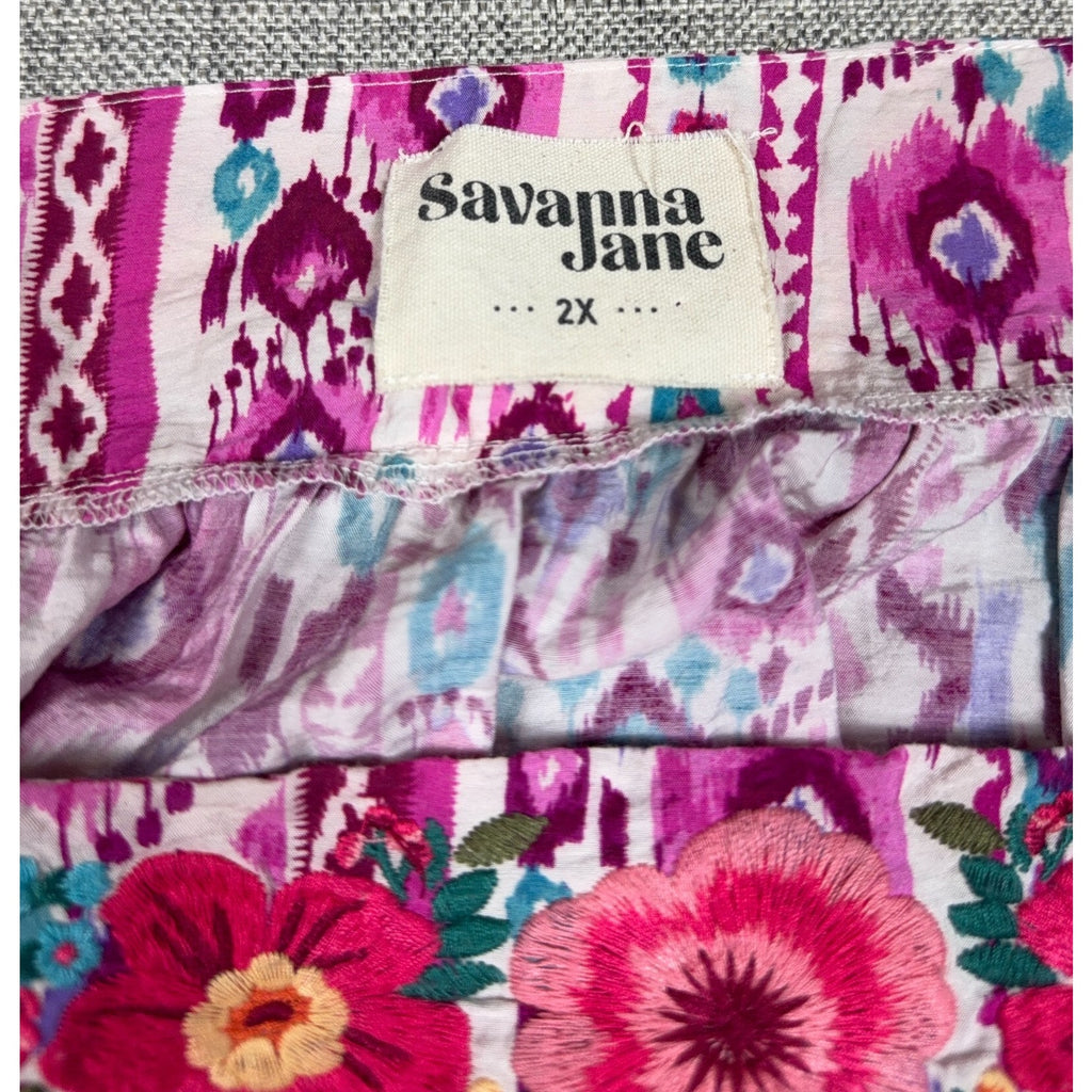 Savanna Jane Top Womens 2X Pink Embroidered Boho Tunic Blouse Plus Size