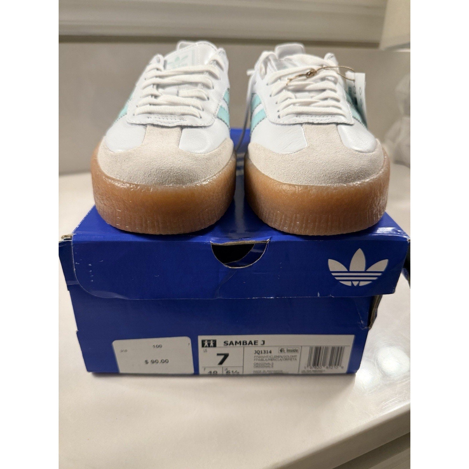 Adidas Sambae J Women’s Size 7 White Aqua Gum Sole Platform Shoes JQ1314 NWT