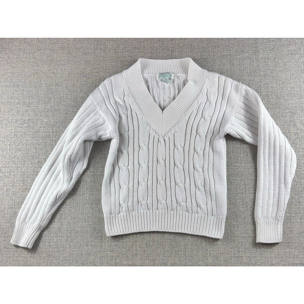 Vintage Tennis Lady Womens S White Cotton Cable Knit V Neck Sweater Preppy