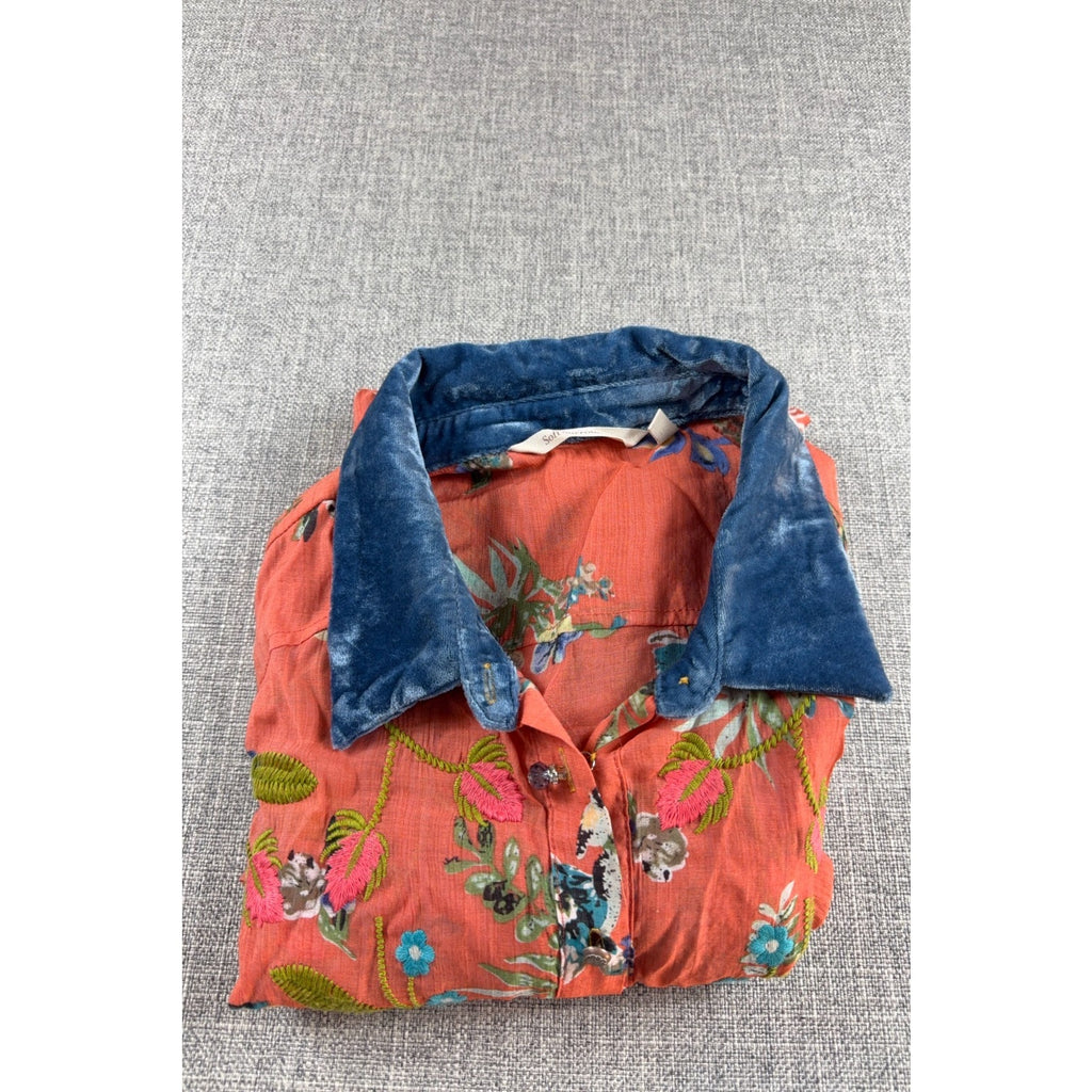Soft Surroundings M Embroidered Floral Tunic Blouse Velvet Collar Boho Orange