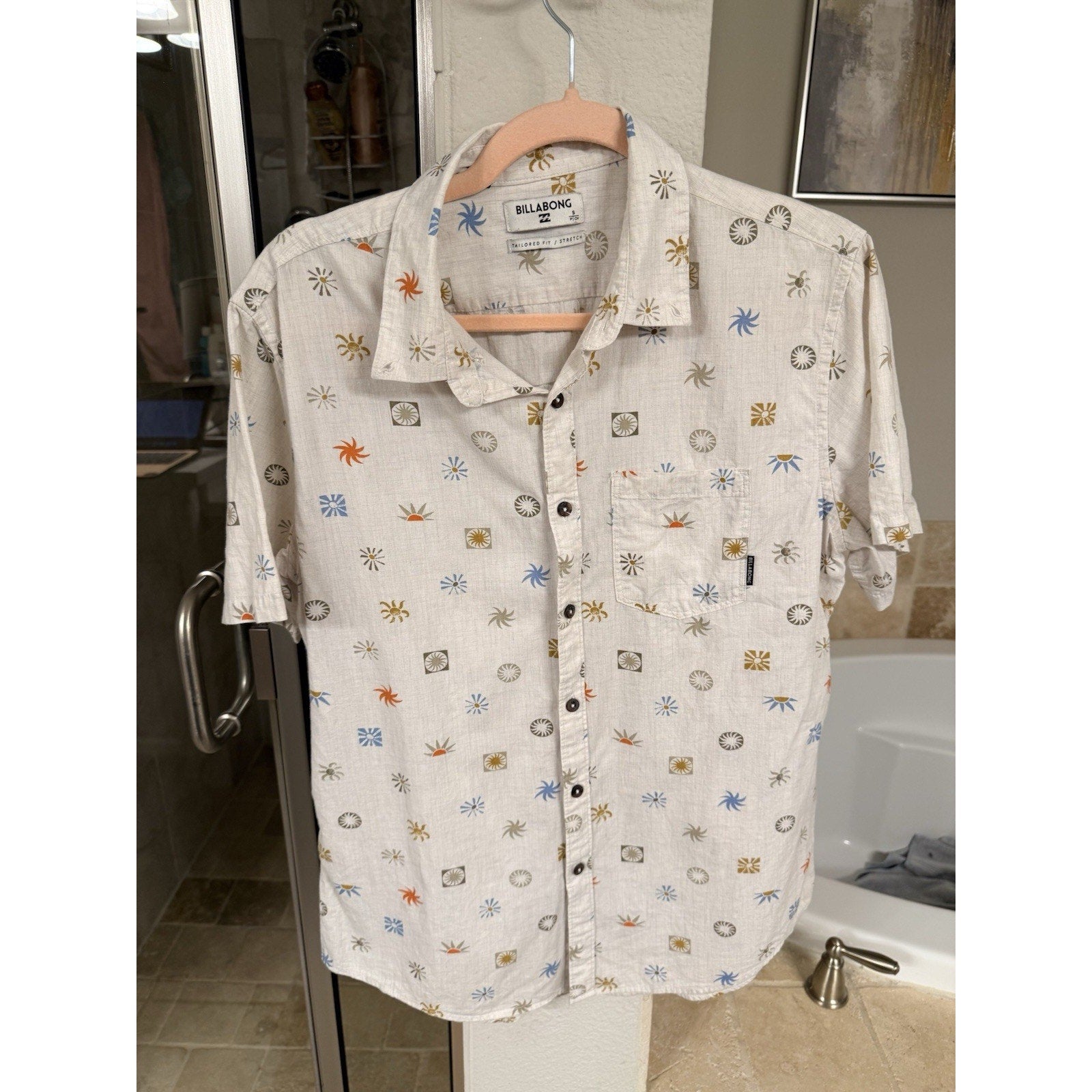 Billabong Tailored Fit Stretch Button Up Shirt Men’s S Beach Print Surf Casual