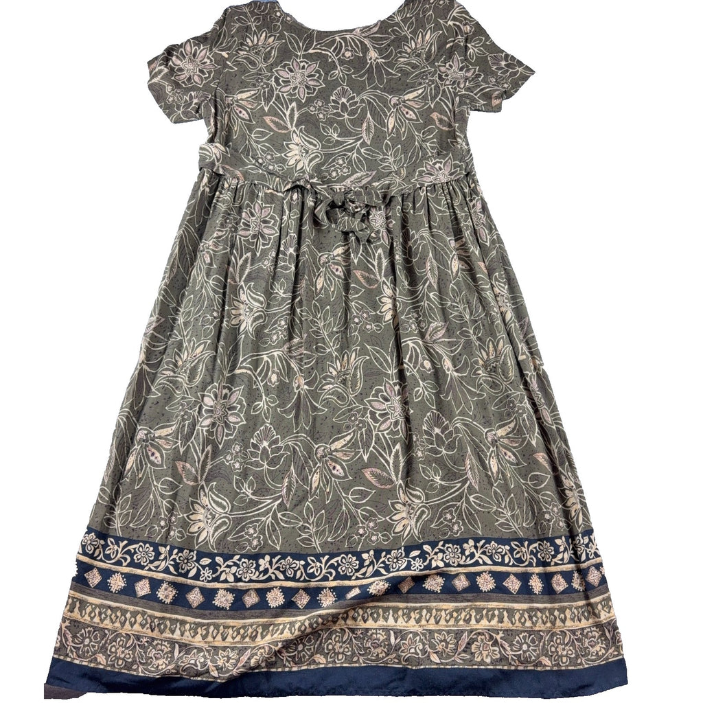Molly Malloy Petite Maxi Dress Olive Floral Border Print Boho Pockets Tie Back