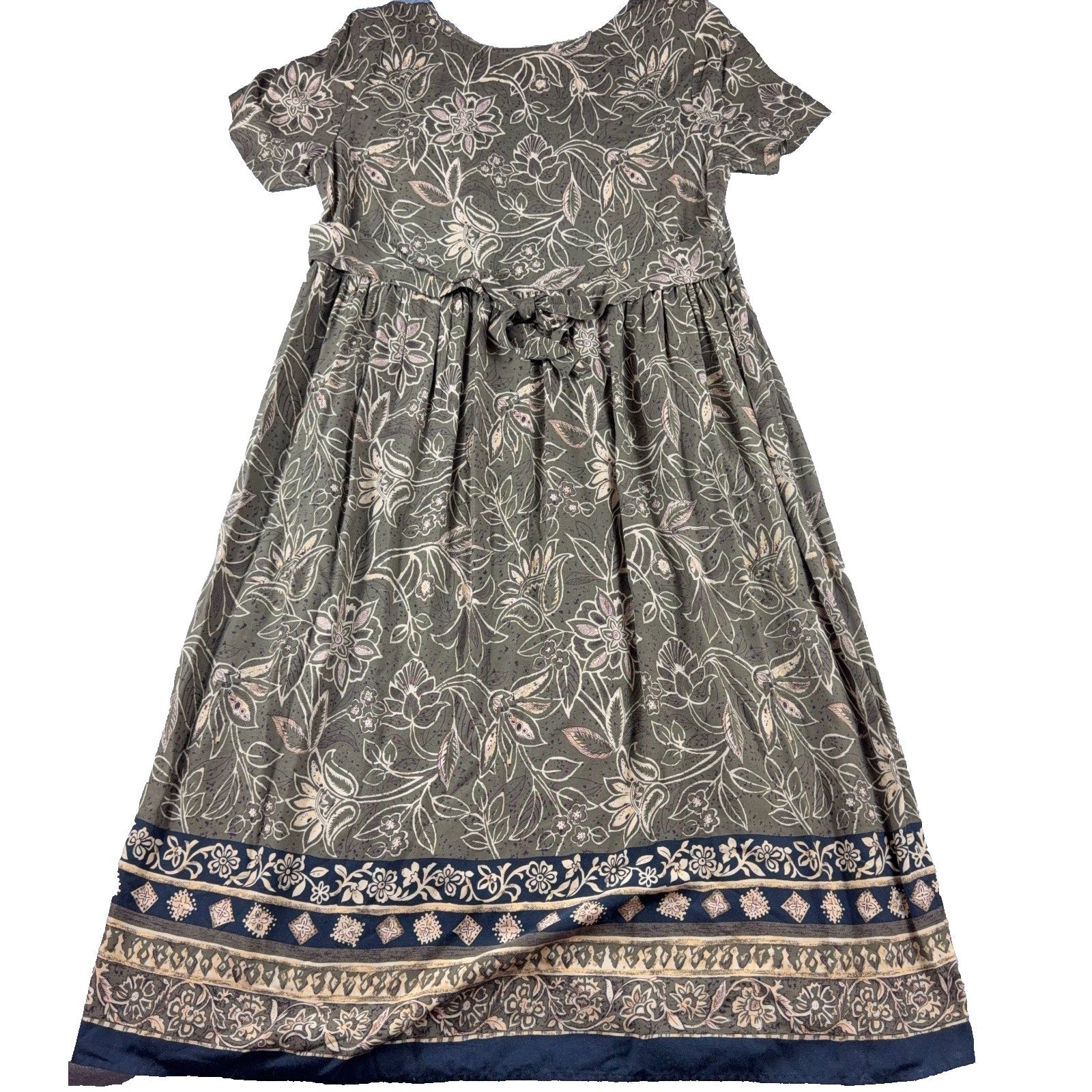 Molly Malloy Petite Maxi Dress Olive Floral Border Print Boho Pockets Tie Back