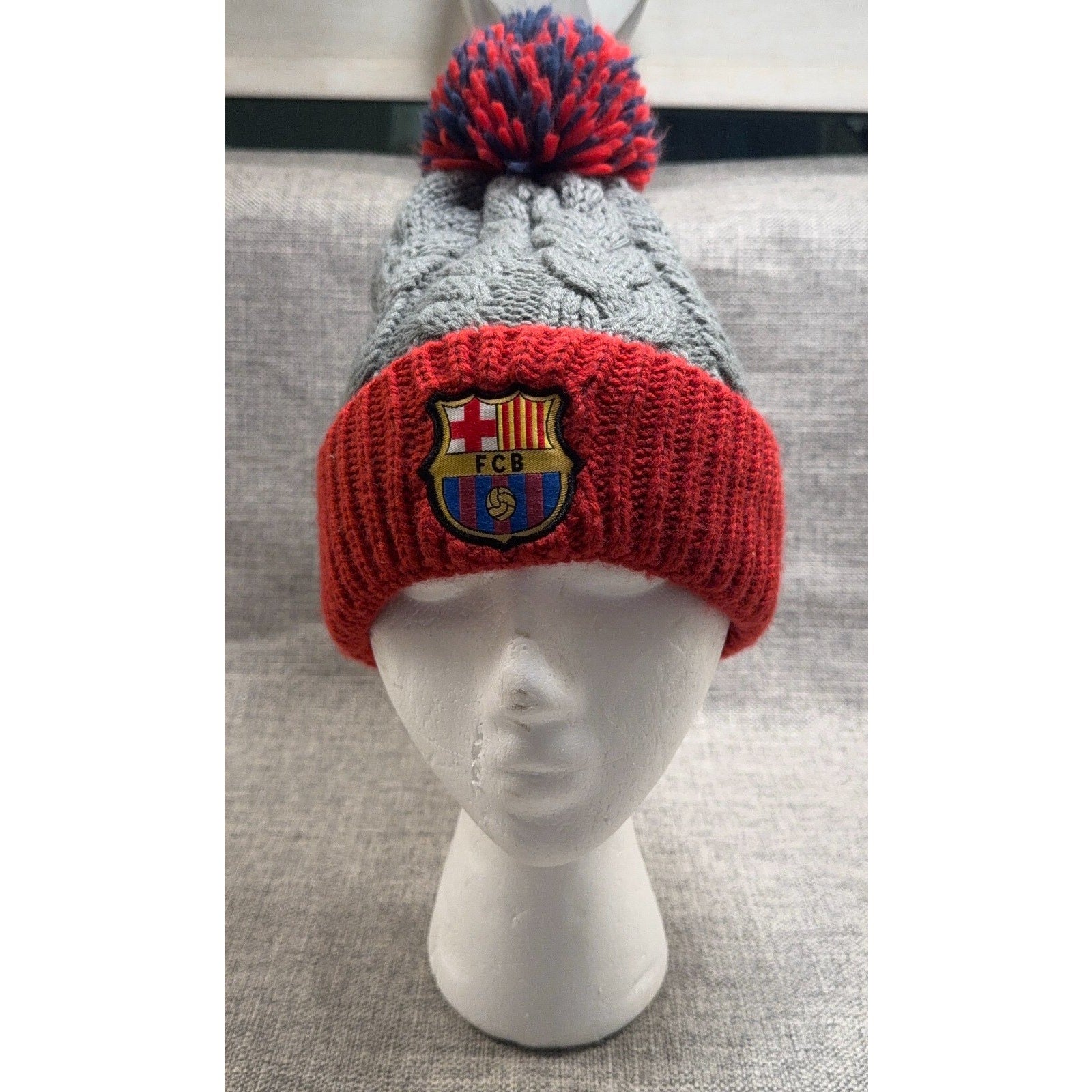 FC Barcelona Official Cable Knit Pom Beanie Hat Gray Red FCB Soccer Adult OS