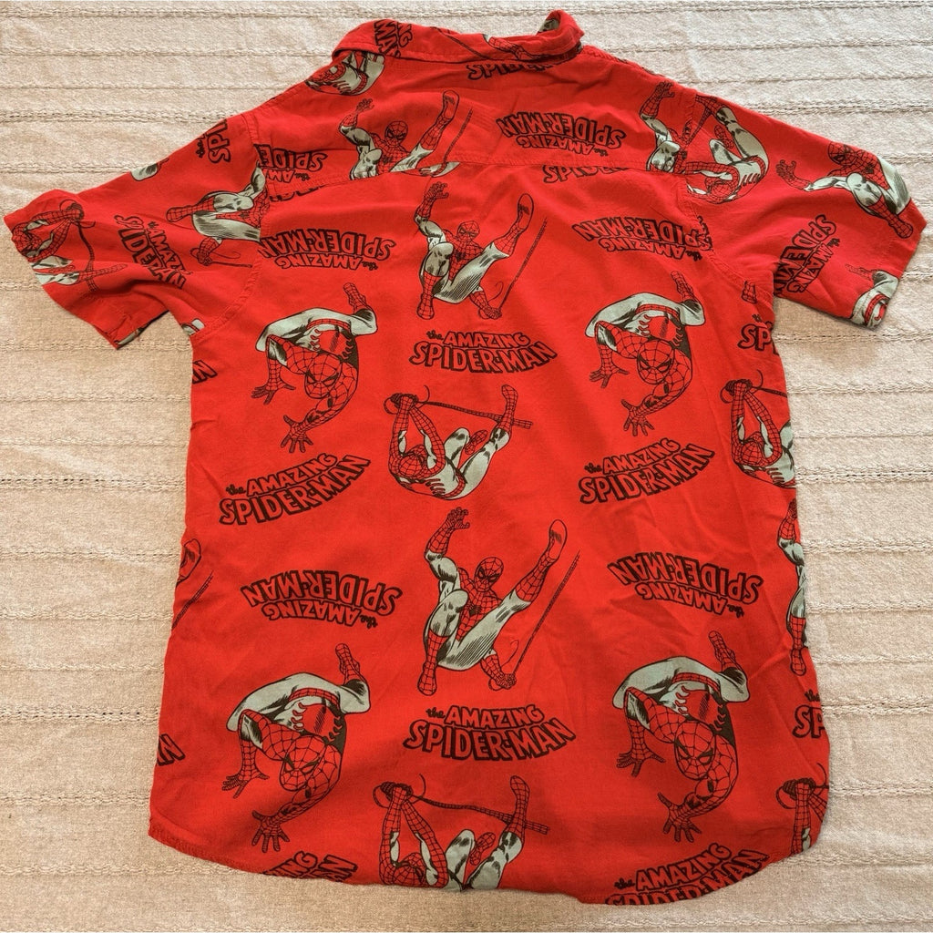 Marvel Spider Man Button Up Shirt Kids Large Red Graphic Short Sleeve Comic