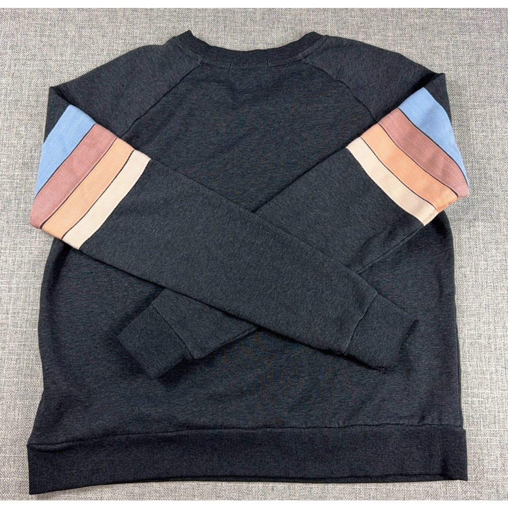 Rip Curl Womens XS Crewneck Sweatshirt Gray Retro Stripe Sleeve Surf Pullover