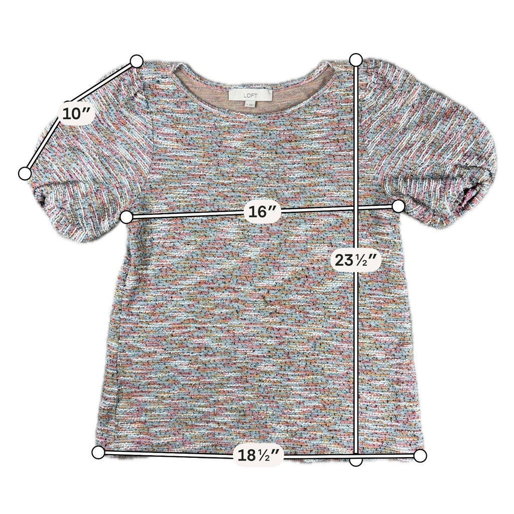 LOFT Womens S Multicolor Boucle Tweed Knit Puff Sleeve Top Short Sleeve