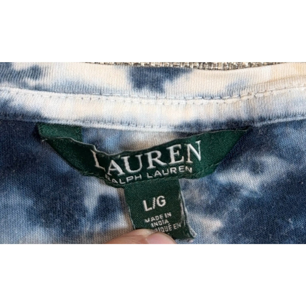 Lauren Ralph Lauren EST 67 Tie Dye T Shirt Women L Blue White Logo Flawed