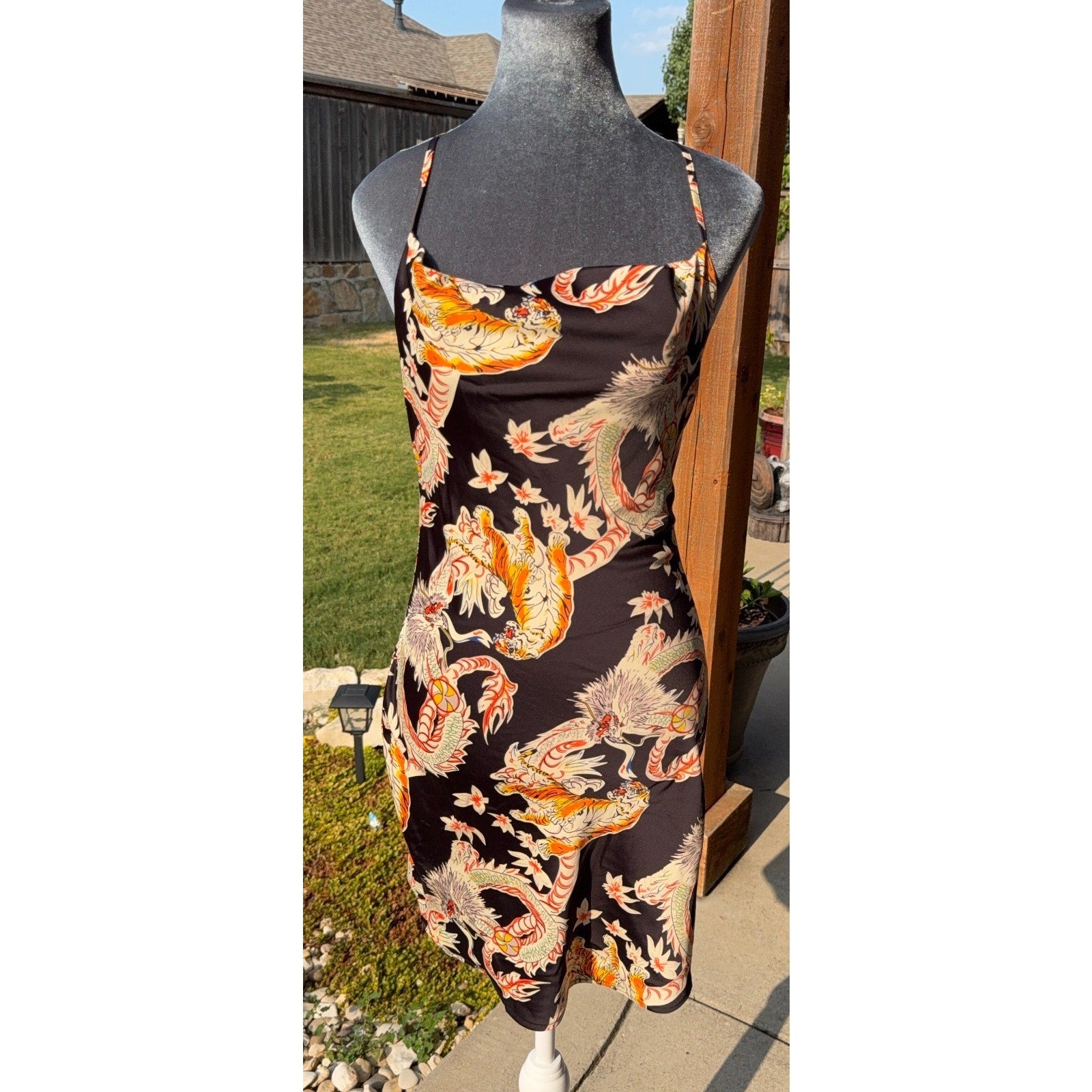 Urban Outfitters Womens 0 Dragon Tiger Print Mini Dress Strappy Y2K Tattoo