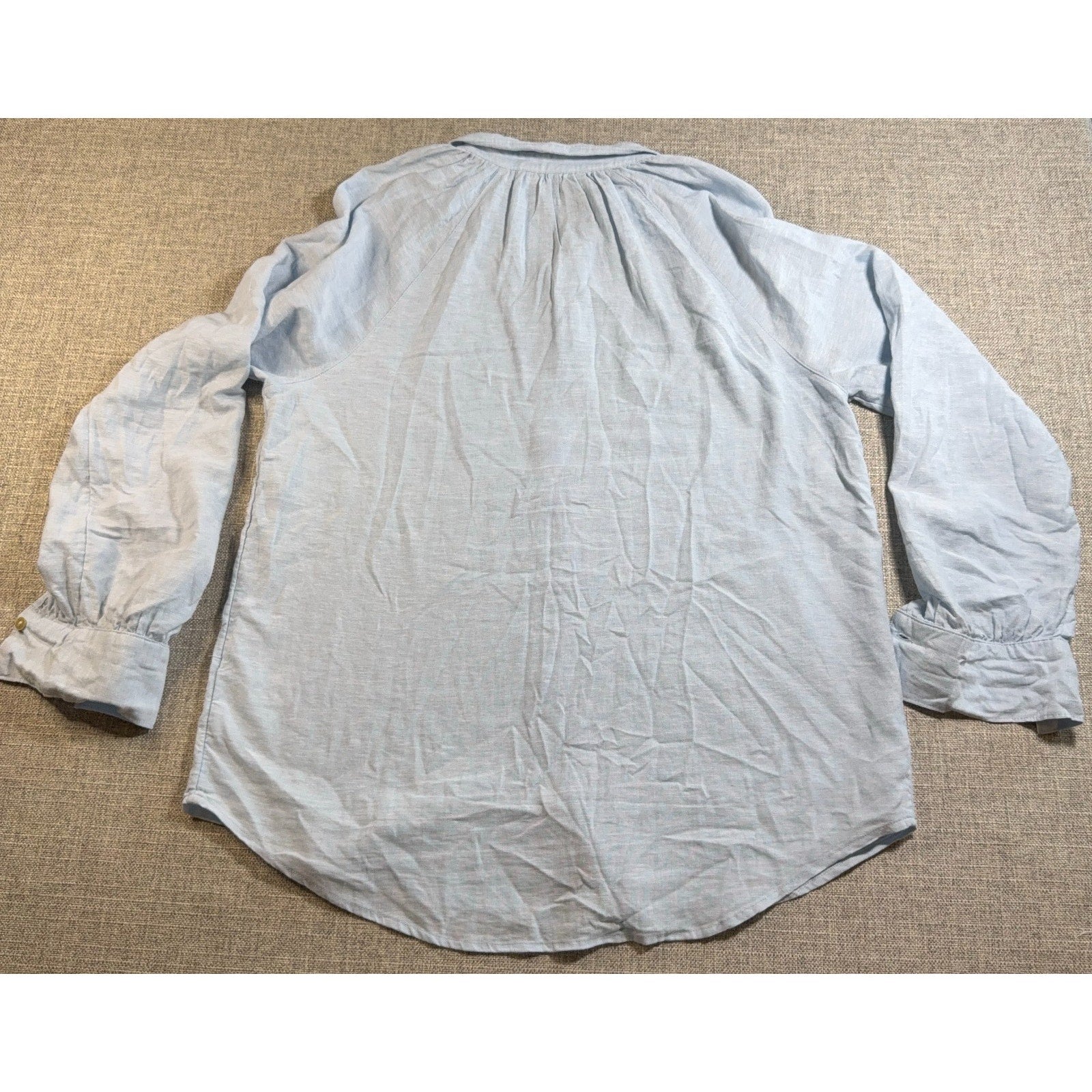 Laura Ashley Linen Blend Blouse Women M Blue Balloon Sleeve Button Front