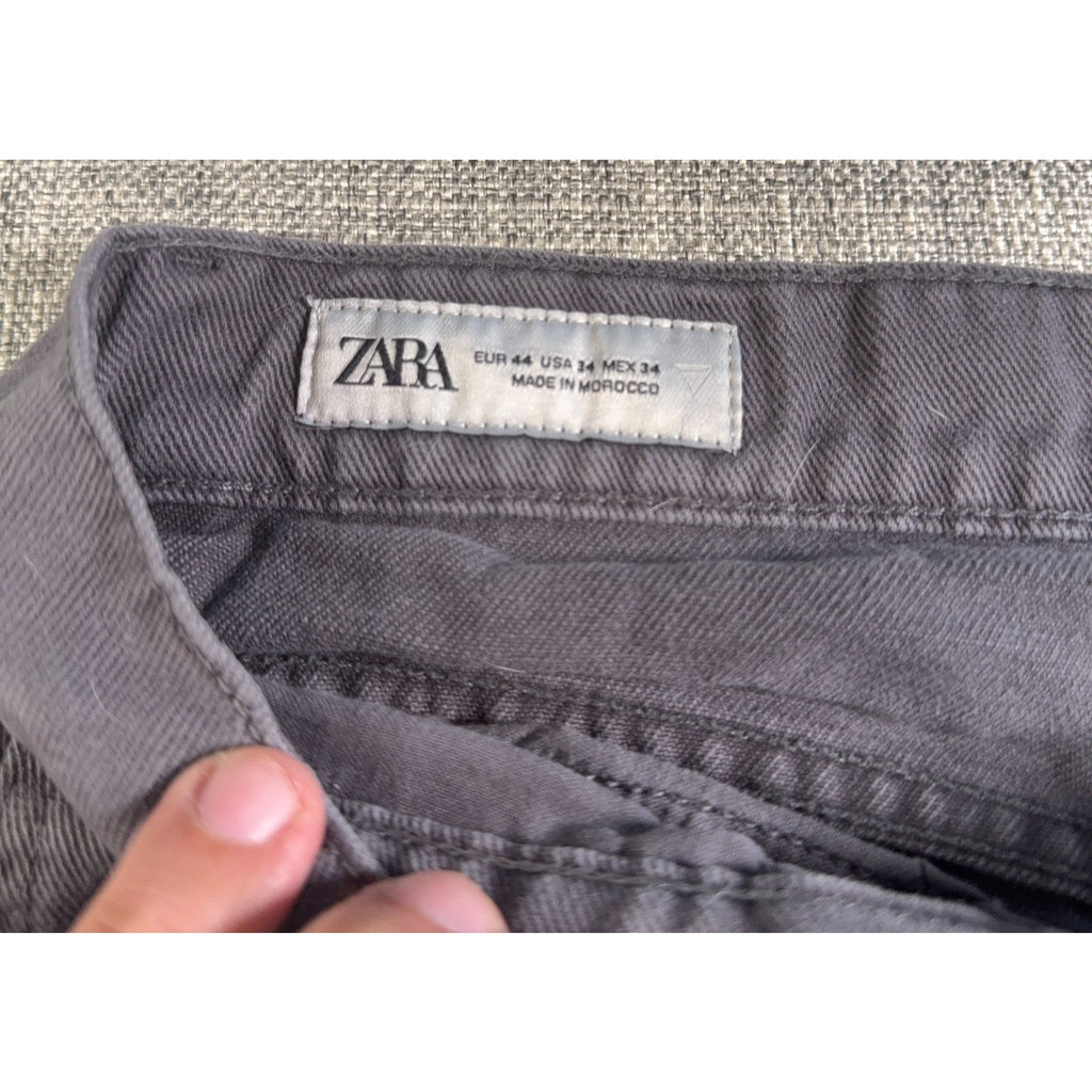 Zara Mens Gray Barrel Leg Jeans 34 Wide Tapered Distressed Frayed Hem