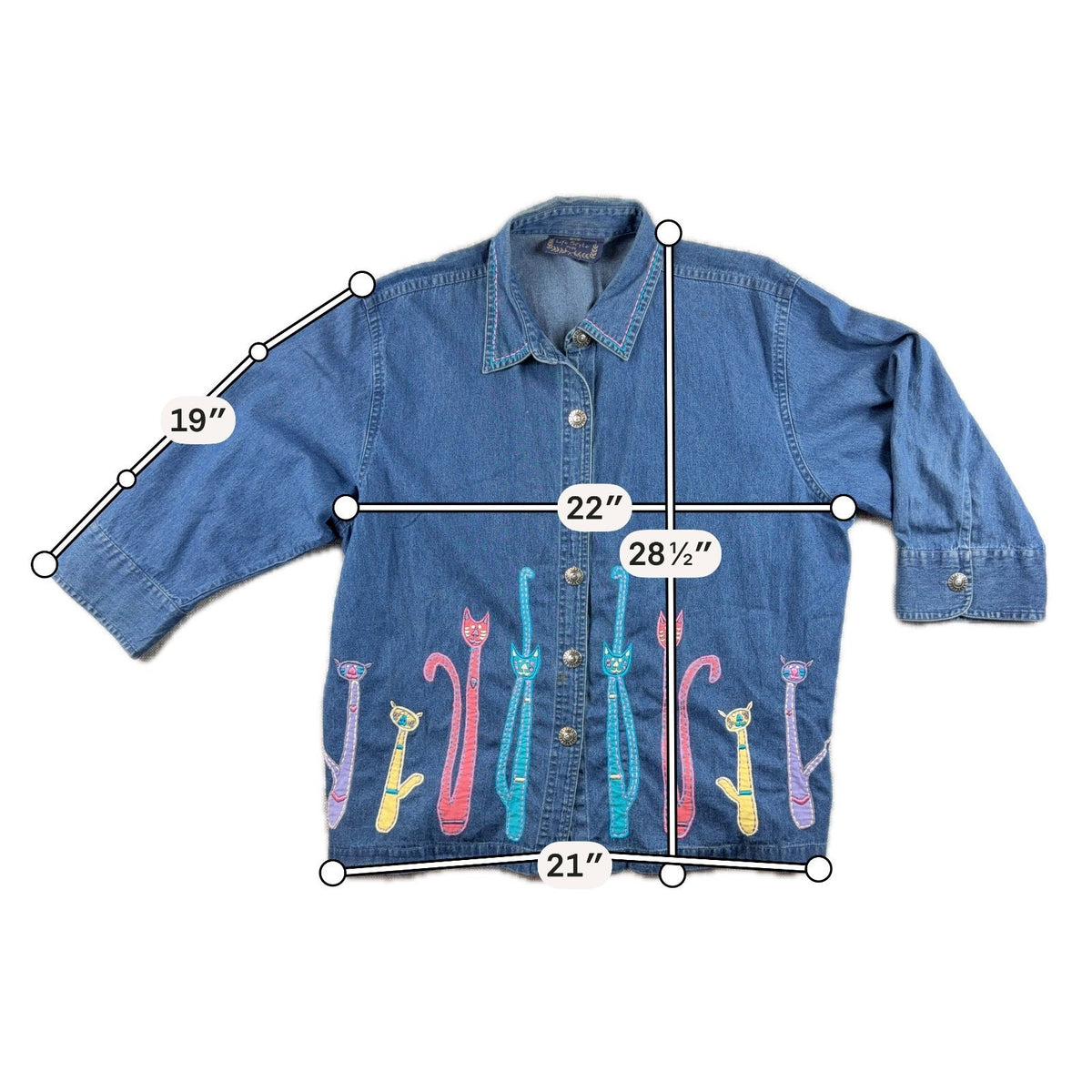 Life Style Plus Denim Cat Shirt Womens Embroidered Applique Whimsical Novelty