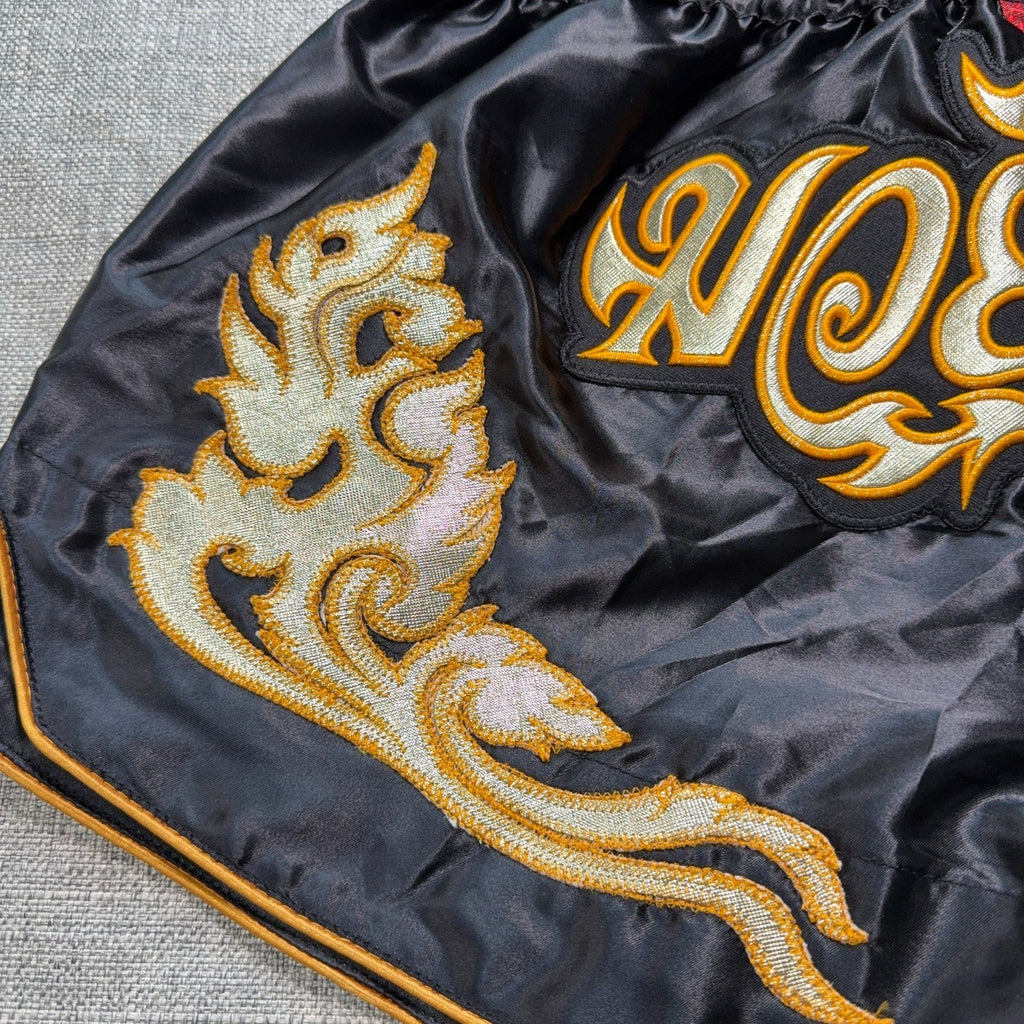 Thai Battle Boxing Muay Thai Shorts L Red Black Gold Embroidered Thailand