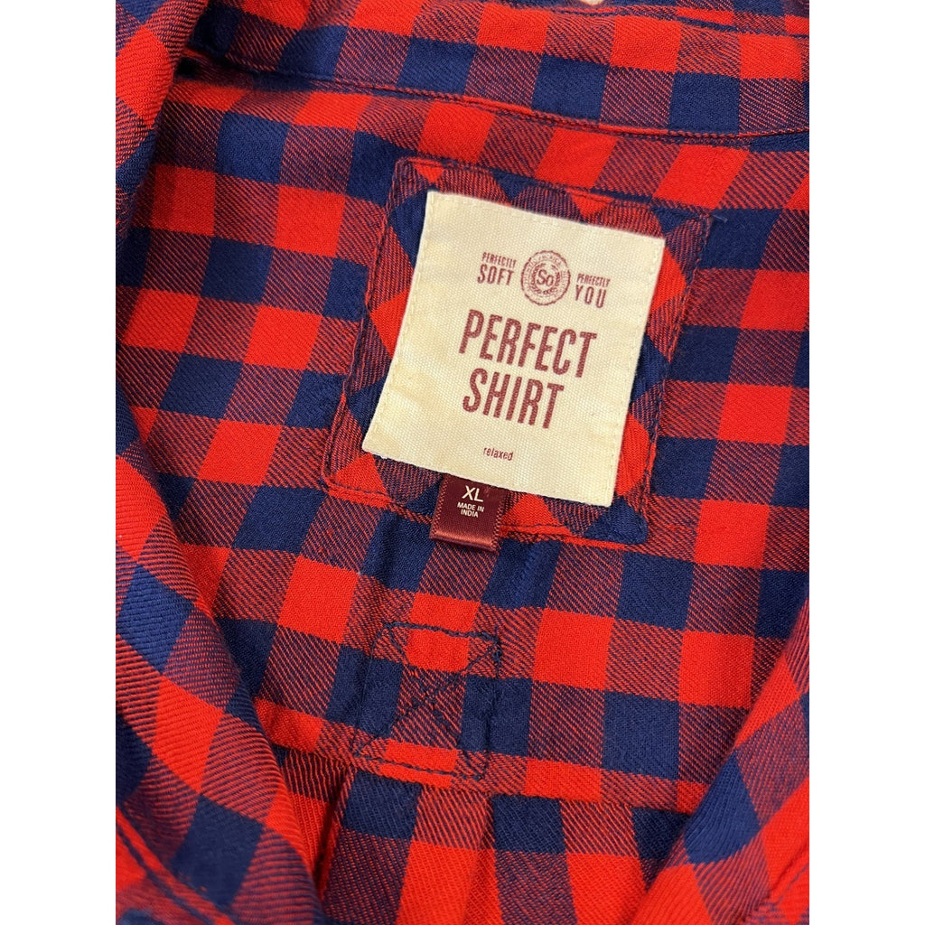 Perfect Shirt Women’s XL Red Blue Buffalo Plaid Rayon Button Up Flannel Relaxed